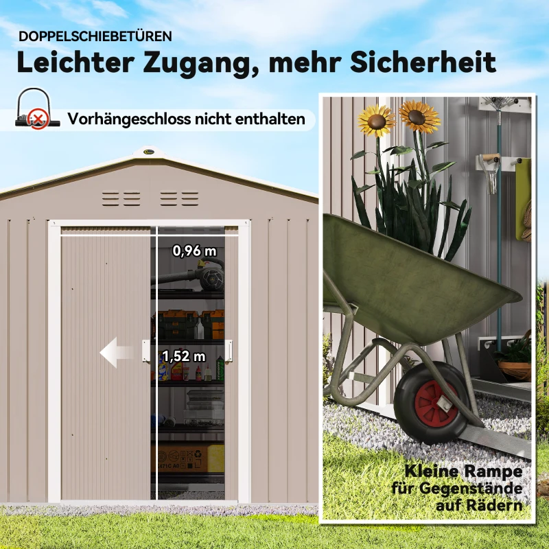 Outsunny Metalen tuinschuur met schuifdeuren en ventilatieramen, 277 x 195 x 192 cm, lichtgrijs