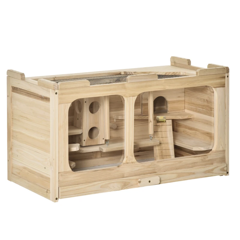 PawHut Large Wooden Hamster Cage Pet Small Animal Kit Activity Center Play House for Indoor 78 x 40 x 44 cm, Natural