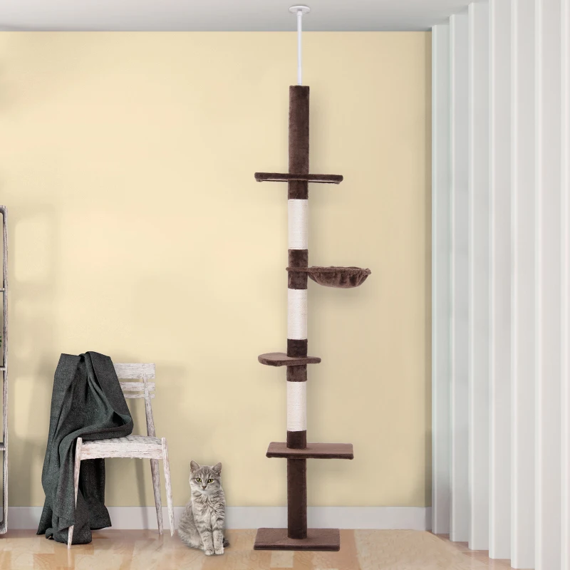PawHut Albero Tiragraffi Multilivello a Soffitto con Amaca e Altezza Regolabile, 40x34x230-260cm, Marrone