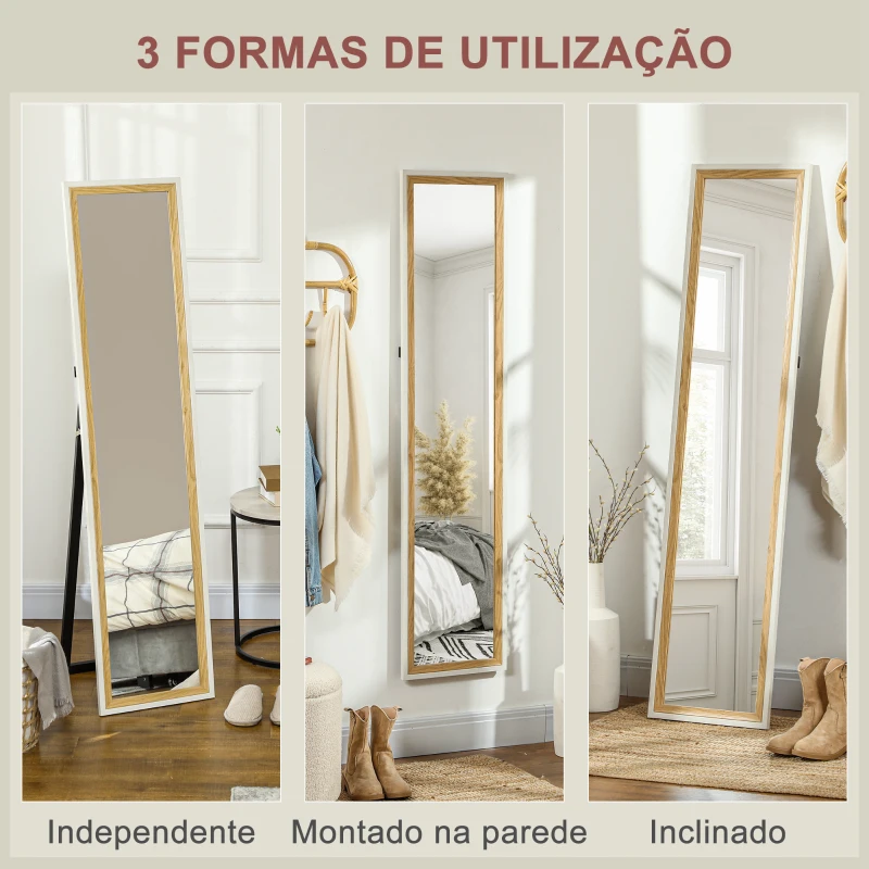 HOMCOM Espelho de Pé 37x157 cm Espelho de Corpo Inteiro com Estrutura de MDF e Suporte Branco e Madeira Escura
