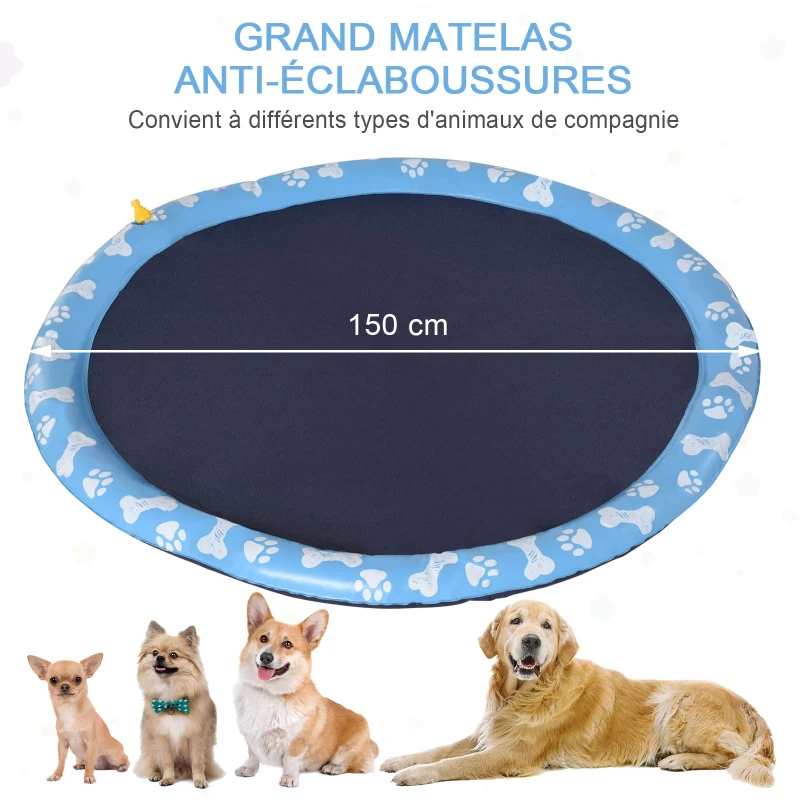 PawHut Piscine tapis à jet d'eau pour chien pliable facile à transporter PVC  150 cm de diamètre bleu