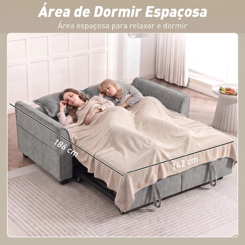 HOMCOM Sofá-cama de 2 Lugares 4 em 1 com 2 Módulos Extraíveis, Encosto Ajustável em 3 Posições, Bolsos Laterais e 2 Almofadas, Cinzento