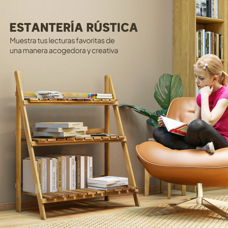 Outsunny Soporte para Plantas de Madera de 3 Niveles Estantería para Plantas Plegable Soporte para Macetas 80x37x93 cm Natural