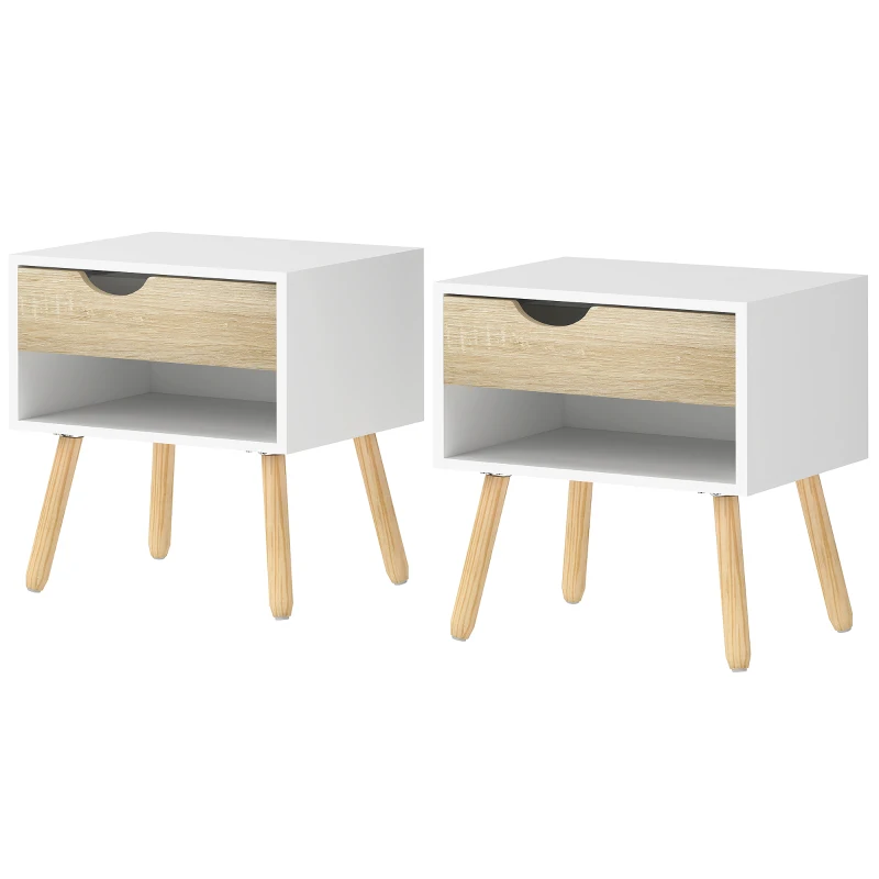 HOMCOM Set de 2 Mesitas de Noche Mesa Auxiliar Mesillas de Noche con Cajón y Estante de Almacenamiento para Dormitorio Salón Cama Oficina Estilo Moderno 50x39x51 cm Blanco y Roble