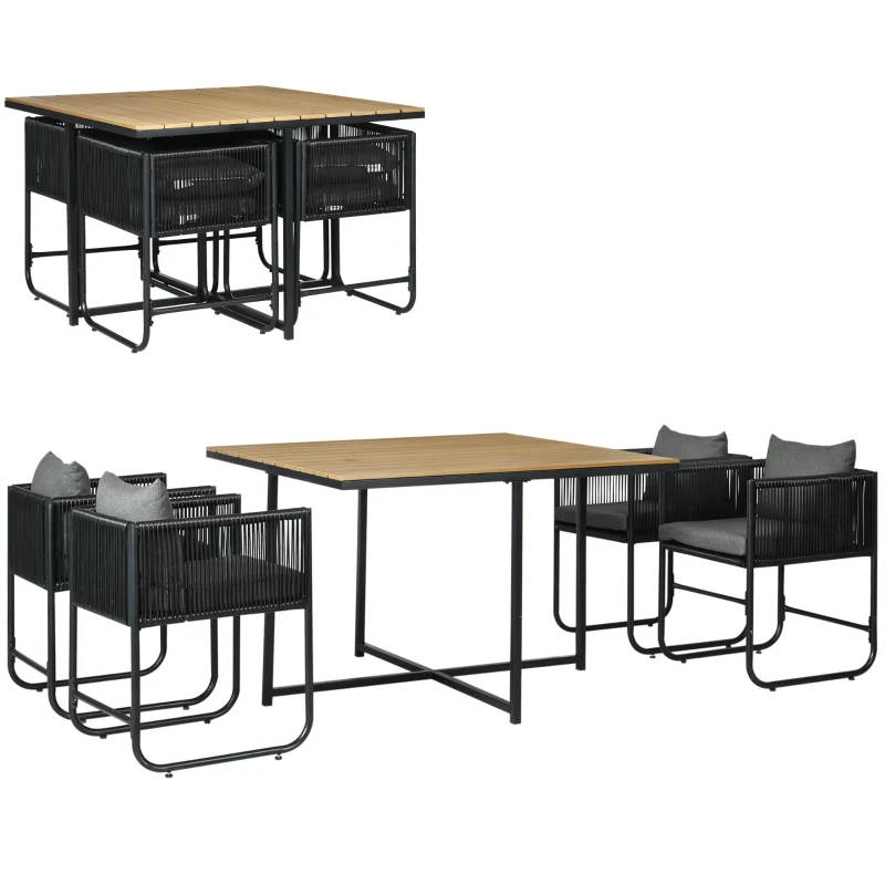 Outsunny 4 Seater Rattan Cube Garden Furniture Set, Rattan Dining Set with Cushions, Outdoor Dining Table and Chairs with Rectangular Wood Grain Plastic Top Table for Patio, Balcony, Black