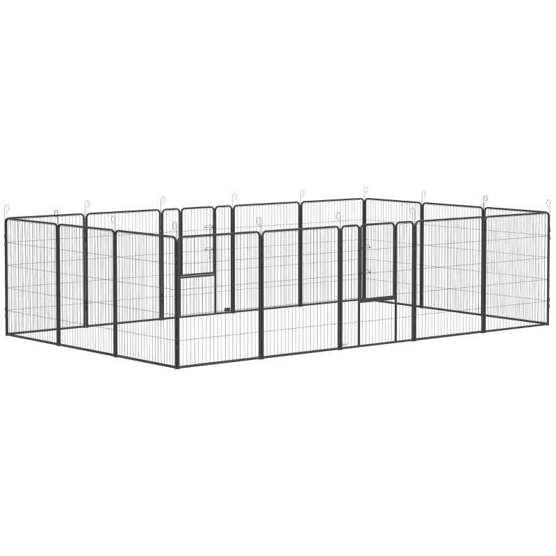PawHut Welpenauslauf, modulares Design, 16 Elemente, 2 Türen, wetterfest, Stahl, 3,2 x 3,2 x 1 m, grau