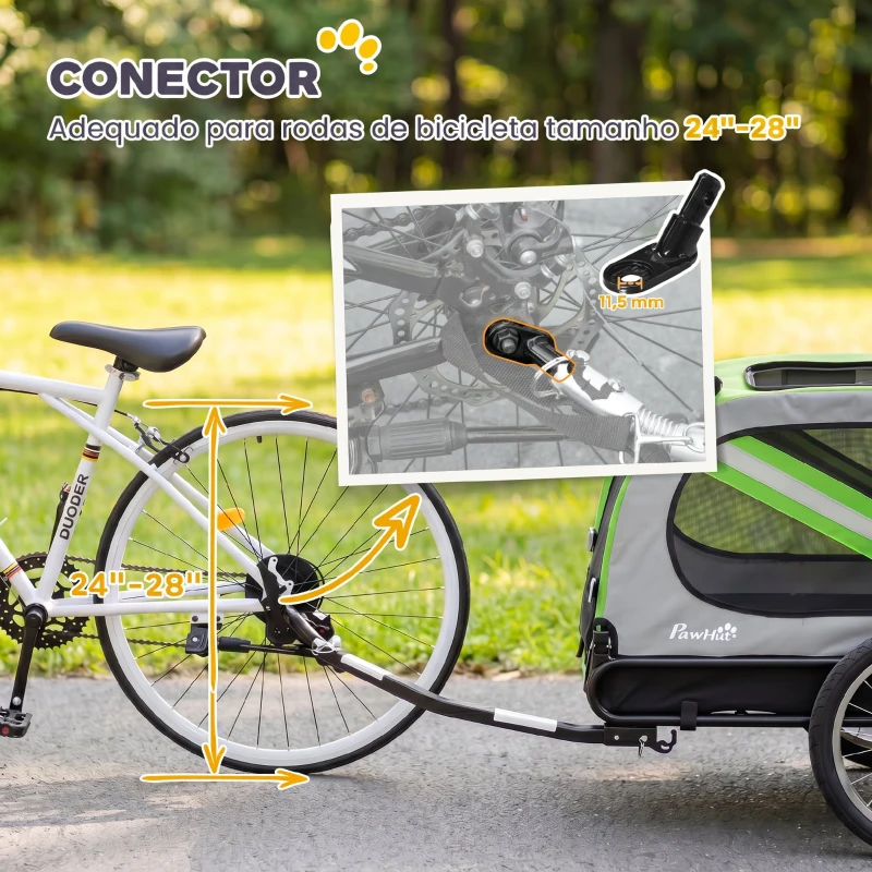 PawHut Reboque de Bicicleta para Cães 2 em 1 com Carrinho de Transporte, Refletores e Bandeira de Segurança, Verde