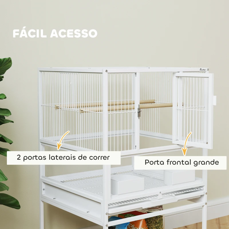 PawHut Gaiola para Pássaros Gaiola Grande com Rodas Painéis Acrílicos Comedouros Poleiros Prateleira Bandeja Amovível Gaiola para Papagaios Canários 48x46x83 cm Branco
