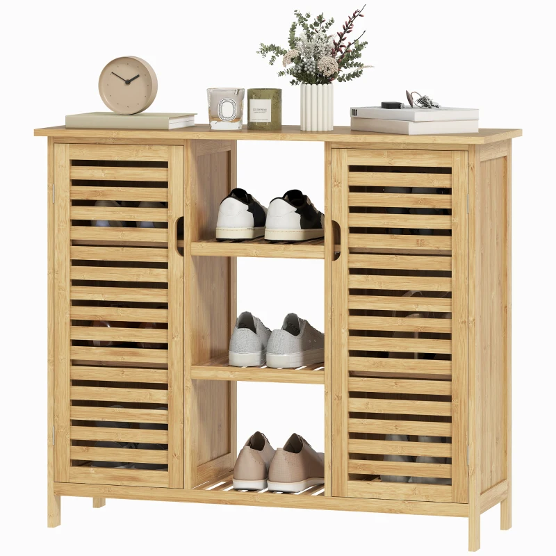 HOMCOM Armario de Almacenaje con 2 Puertas de Bambú de Lamas Estantes y Compartimentos Abiertos 100x33x86 cm Natural