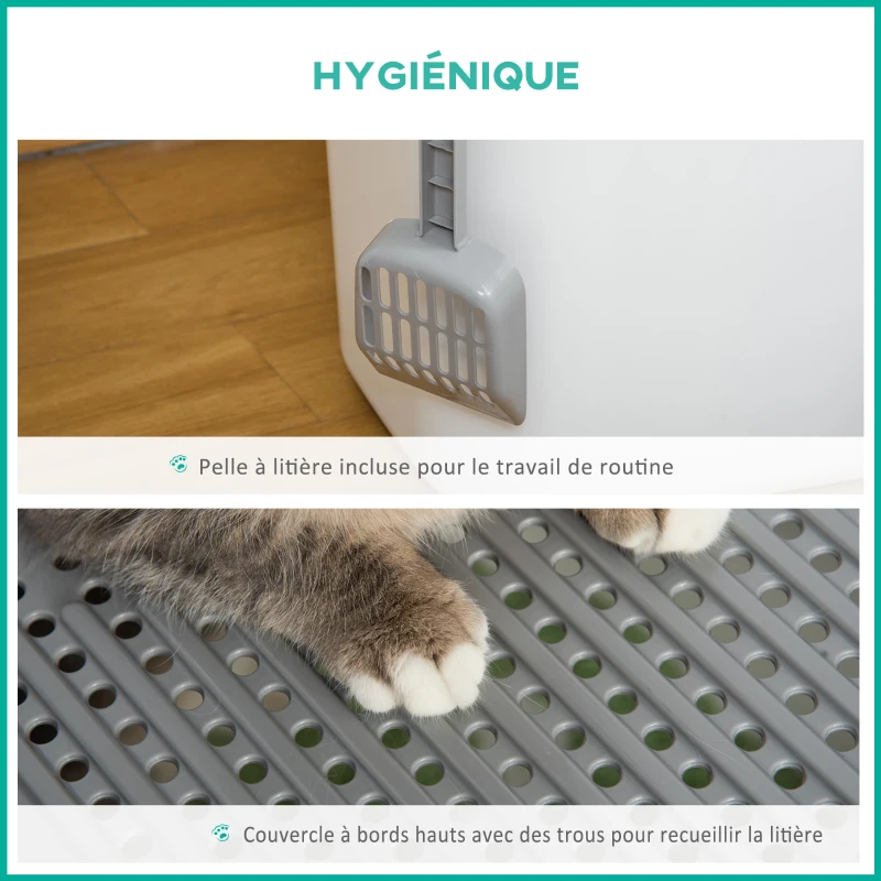 PawHut Maison de toilette Bac à litière pour chat double porte battante et supérieure, pelle fourni, 44L x 55l x 39H cm, blanc