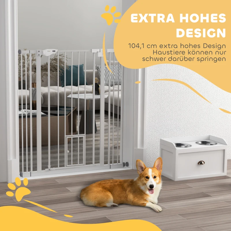 PawHut Hondenafsluiting, dubbele vergrendeling, zelfsluitende deur, 104 cm hoog, staal, wit