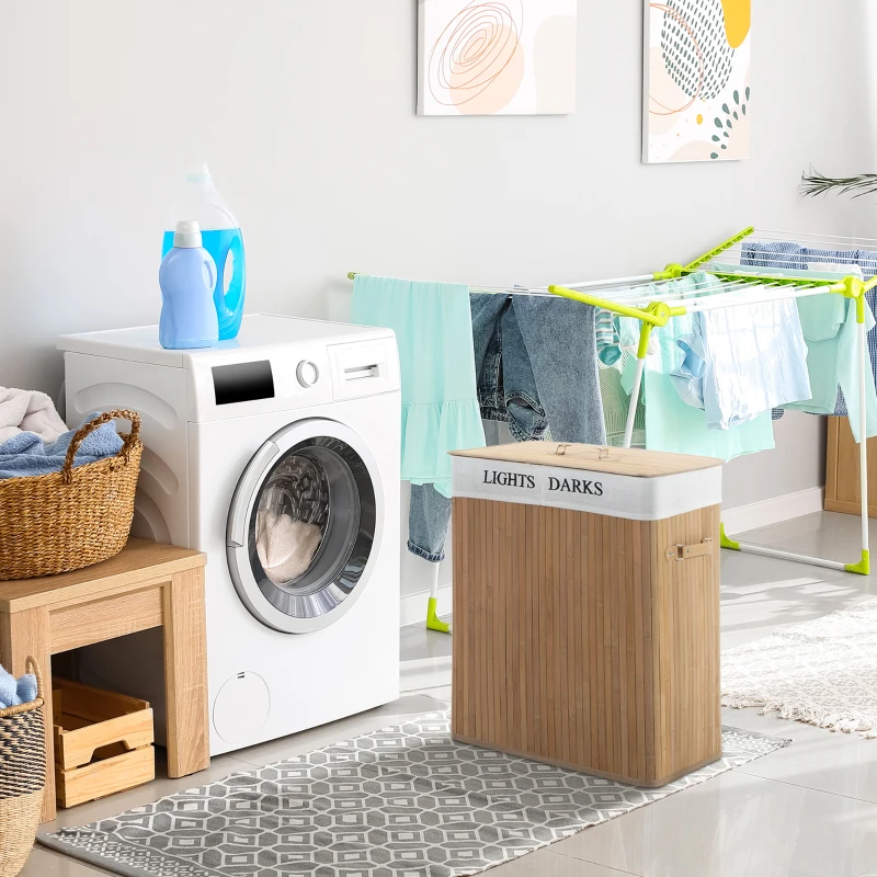 HOMCOM Cesta para Ropa Sucia de Bambú de Capacidad 100L con Tapa y Bolsa de Tela de 2 Compartimentos 52x32 x63 cm Bambú