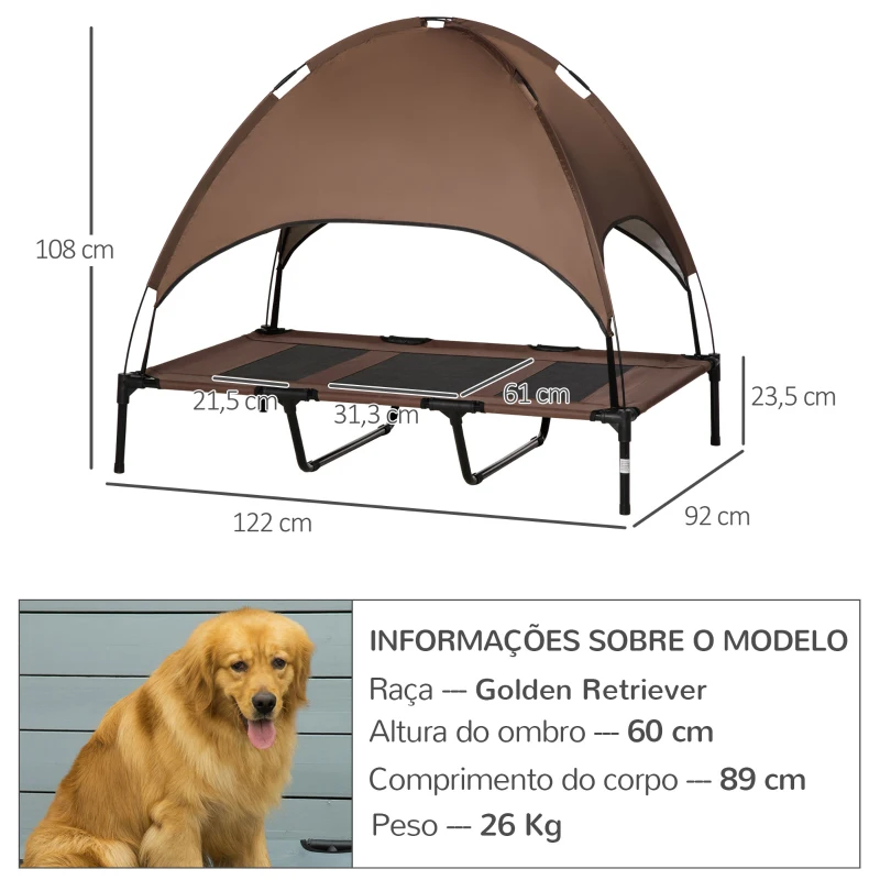 PawHut Cama Elevada para Animais de Estimação Portátil com Toldo Amovível Tecido Respirável 122x92x108cm Marrom