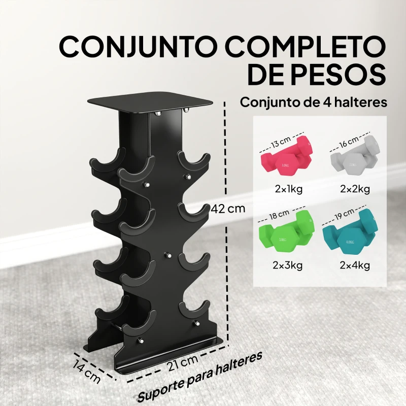 SPORTNOW Conjunto de Halteres 2x1kg 2x2kg 2x3kg 2x4kg com Suporte de Arrumação para Exercício e Treino Multicolor