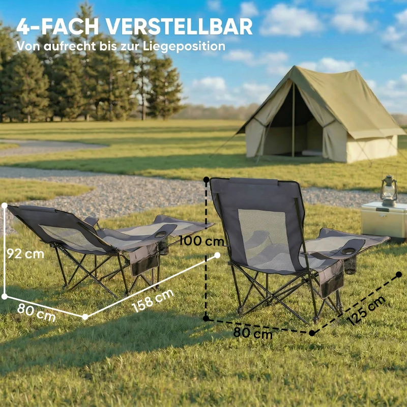 Outsunny 2er Set Campingstuhl faltbar Angelstuhl mit verstellbarer Rückenlehne Fußablage Getränkehalter Kopfstütze Dunkelgrau