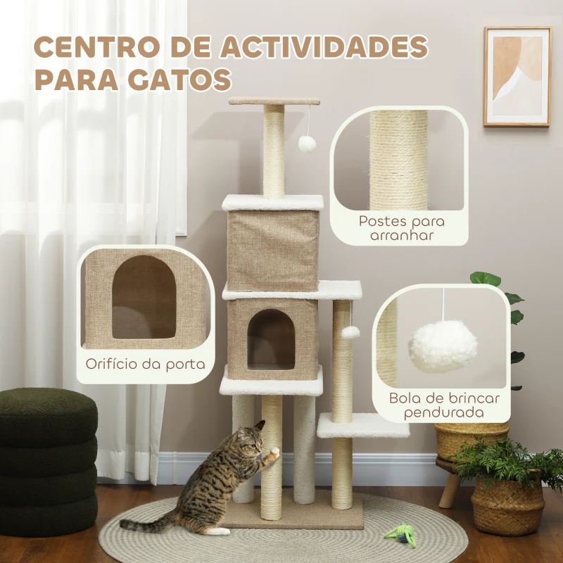 PawHut Arranhador para Gatos em Borrego com 2 Cavernas Plataformas Bolas Suspensas e Poste de Sisal 48x40x140 cm Marrom Claro