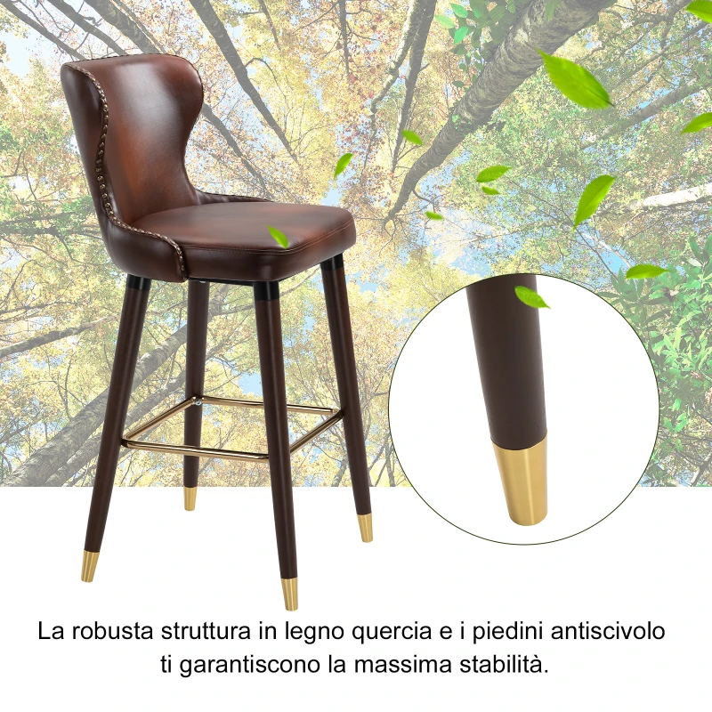 HOMCOM Set 2 Sgabelli da Bar Alti in Stile Industriale con Schienale e Poggiapiedi, Seduta in Finta pelle e Gambe in Legno, Sgabelli Vintage per Cucina e Ristorante, 52x53x101cm