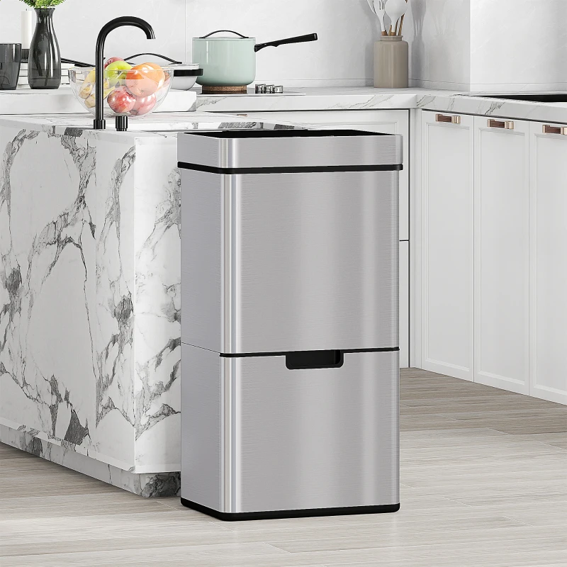 HOMCOM Pattumiera 72L a 3 Scomparti con Sensore Infrarossi e Apertura Automatica, in Acciaio e ABS, 42x30x81 cm