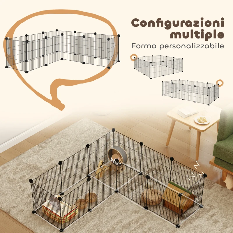 PawHut Recinto per Animali Modulabile con 12 Pannelli 35x35 cm e Bordi Arrotondati, in Metallo e ABS, 140x70x35 cm, Nero