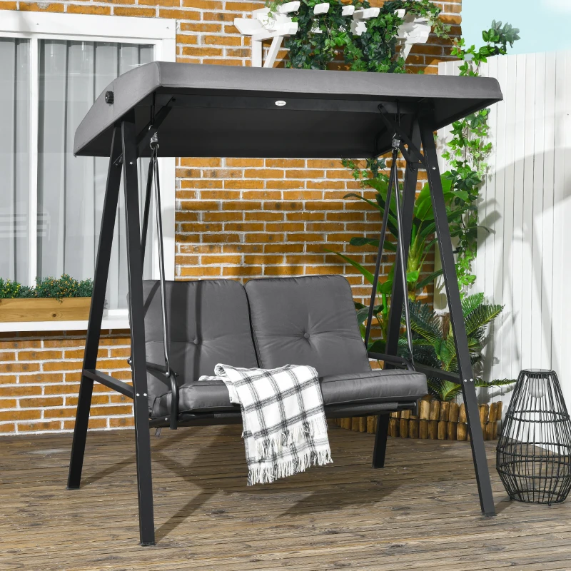 Outsunny Hollywoodschaukel, 2-Sitzer Gartenschaukel mit verstellbarem Dach, bis 220 kg belastbar, 145 x 116 x 172 cm, Dunkelgrau