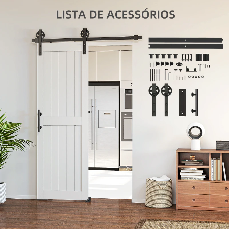 HOMCOM Porta de Correr Celeiro com Ferragens Porta Corredera de Interior com Puxador Rolo e Guia de Chão 71,5x213,4 cm Branco