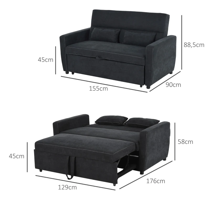 HOMCOM Slaapbank chaise longue slaapbank 2-zits bankstel in stof donkergrijs(m-3)
