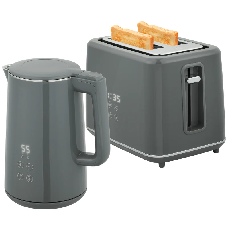 HOMCOM Digital Stainless Steel Kettle and Toaster Set, 1.5L 3000W Fast Boil Kettle, 2 Slice Toaster with 7 Level Browning Controls, Defrost, Reheat, Keep Warm, Crumb Tray and LED Touch Display, Grey