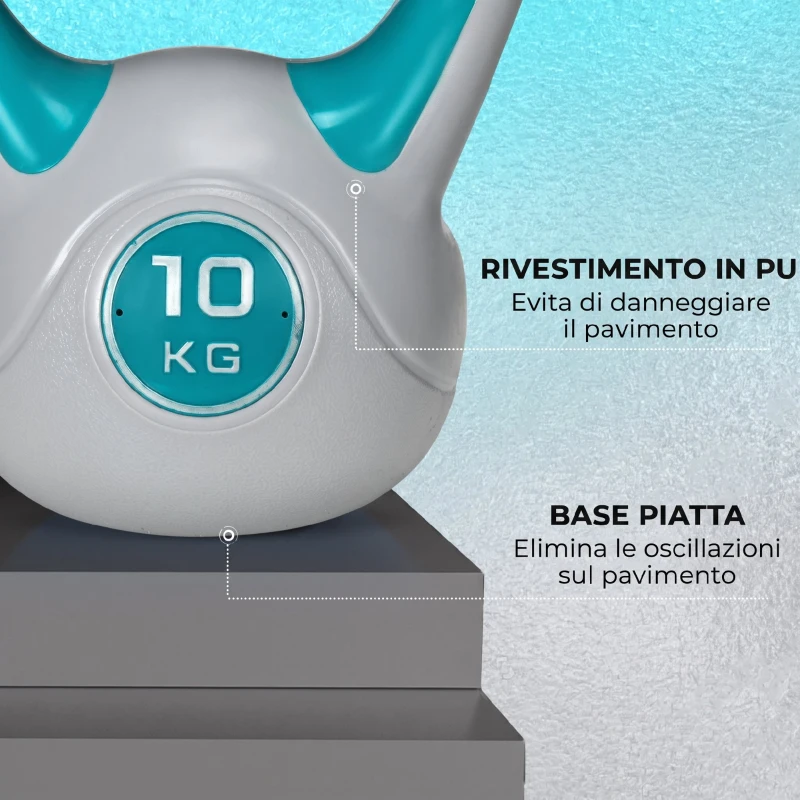 SPORTNOW Kettlebell 10kg in PU e Sabbia con Base Piatta e Impugnatura per Stacchi, Squat e Sollevamenti, 22x16x26 cm, Blu