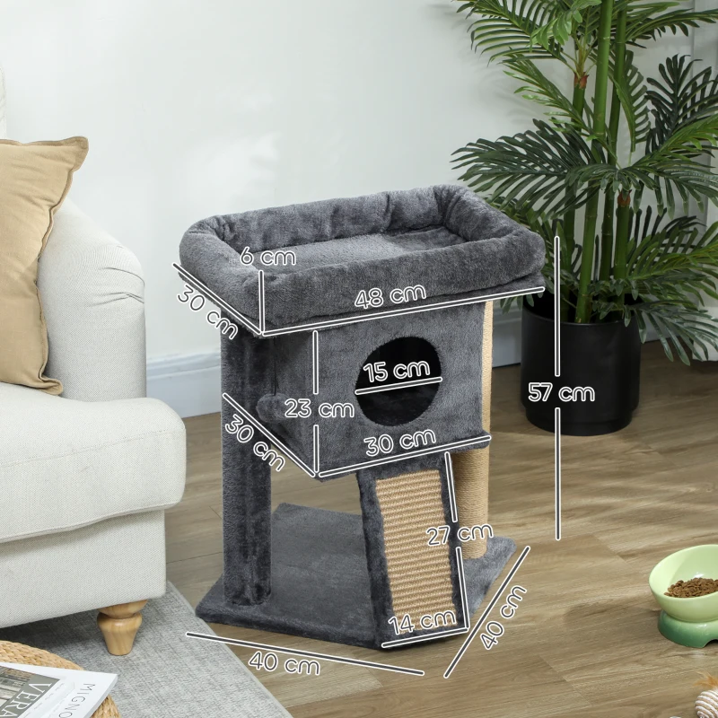 PawHut Arranhador para Gatos Pequenos 57 cm com Rampa para Arranhar Caverna Cama e Bola Suspensa 40x40x57 cm Cinzento Escuro