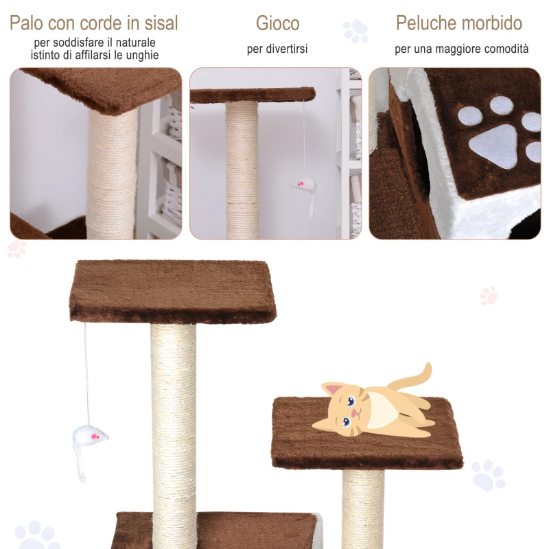 PawHut Albero Tiragraffi per Gatti con Topolino Appeso in Peluche Sisal Naturale Marrone 45x33x70cm