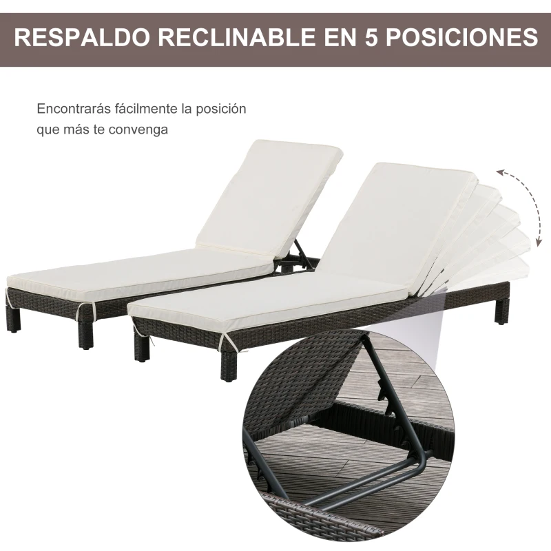 Outsunny Conjunto de 2 Tumbonas de Jardín Tumbonas de Ratán PE Reclinable en 5 Posiciones para Terraza Patio 196x65x22 cm Marrón
