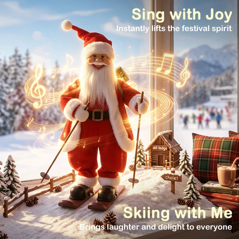 HOMCOM 2ft Singing Skiing Santa Claus, Standing Christmas Animated Santa Figure with Ski Board, Sack, Sound/Touch Activated