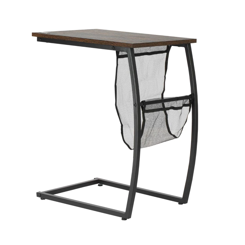 HOMCOM Mesa Auxiliar para Sofá y Cama Mesita Auxiliar Pequeña en Forma de C con Bolsillo de Almacenaje Estilo Industrial para Salón 53x35x64,5 cm Marrón Rústico