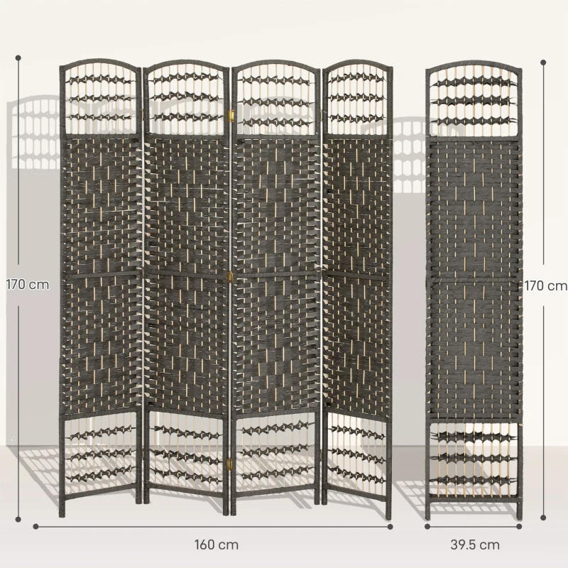 HOMCOM 4 Panel Folding Privacy Screen, Room Divider with Pine Wood Frame for Living Room and Office, Dark Grey