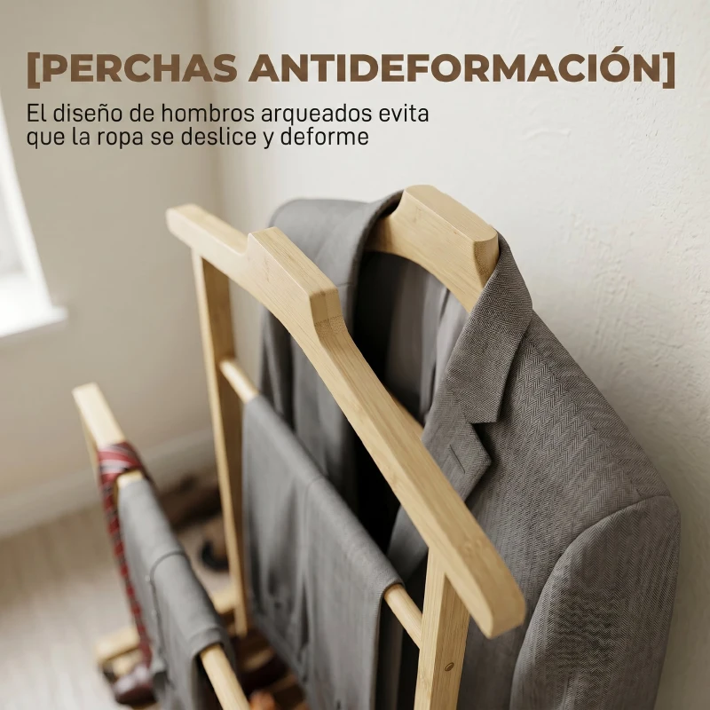 HOMCOM Galán de Noche de Bambú con Ruedas Barras para Ropa Soporte para Pantalones Bandeja y Estante Inferior Natural