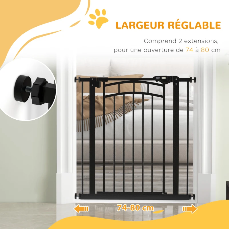 PawHut Barrière de sécurité pour chien barrière d'escalier extensible double verrouillage 74-80 x 76 cm noir