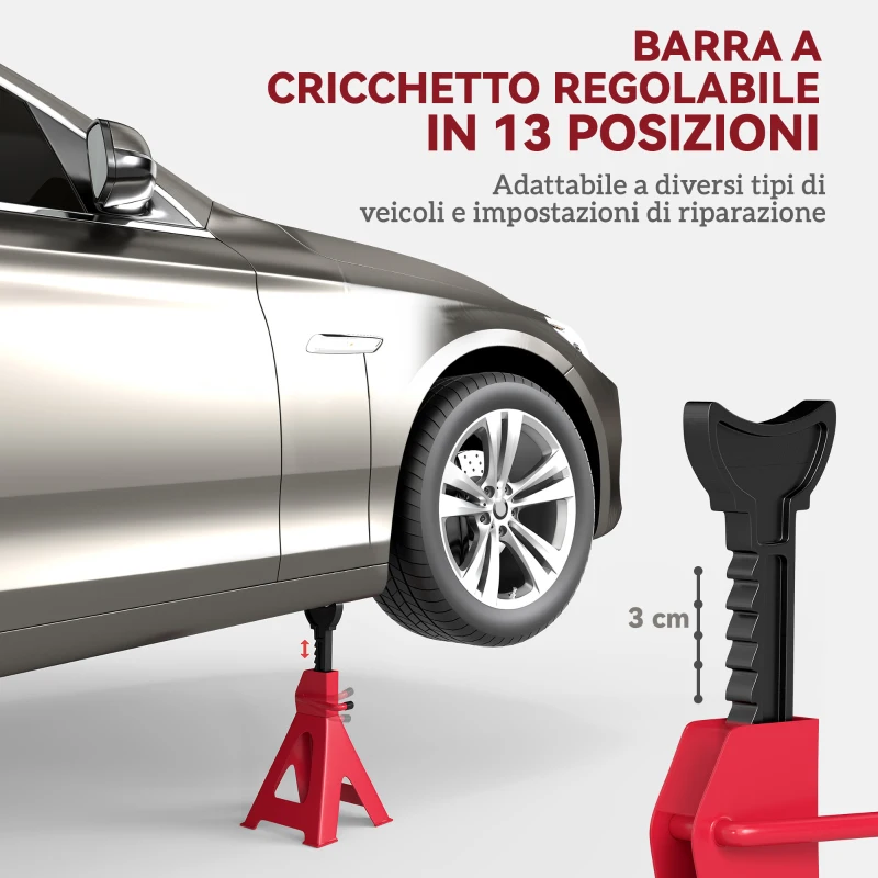 HOMCOM Set 2 Cavalletti Auto da 3 Tonnellate Regolabili da 29-42.5 cm, Acciaio al Carbonio e Ghisa, Rosso