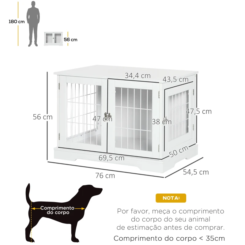 PawHut Gaiola para Cães Pequenos de Madeira 76x54,5x56cm Gaiola com Superfície de Mesa com 2 Portas e Grade de Aço Branco