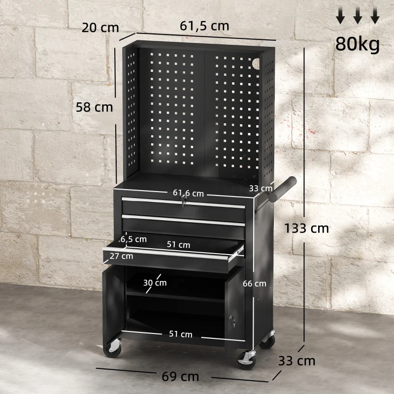 HOMCOM Carrinho de Ferramentas com 3 Gavetas e Painel de Perfurado Fechadura com Chave Prateleira Ajustável 2 Rodas com Travão de Bloqueio 69x33x133 cm Preto
