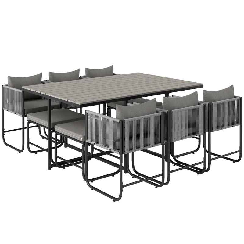 Outsunny 10 Seater Rattan Cube Garden Furniture Set, Rattan Dining Set with Cushions, Outdoor Dining Table and Chairs with 6 Armchairs, 4 Stools, Rectangular Wood Grain Plastic Top Table, Grey