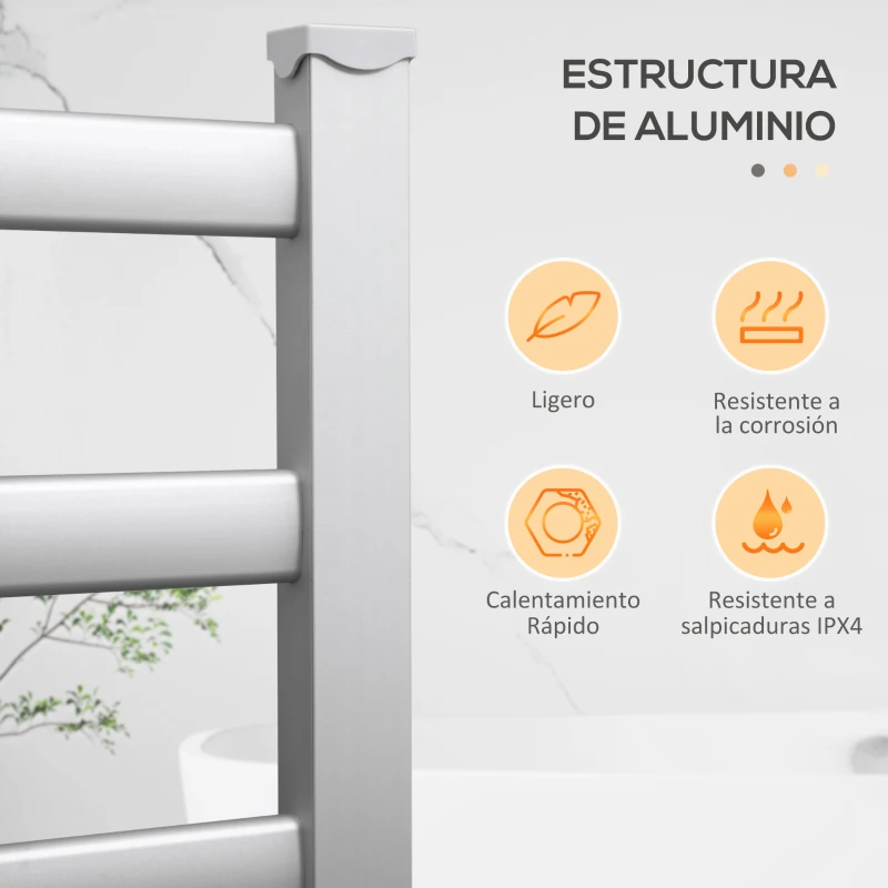 HOMCOM Toallero Eléctrico Radiador 140W IPX4 Calentador de Toallas con 6 Barras para Pared o Suelo 69x36x90 cm Plata