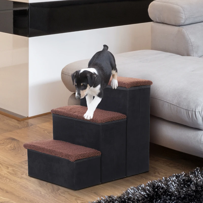 PawHut Escalier pour chien animaux pliable rampe 3 marches polaire amovible coffre interne rangement dim. 51L x 40l x 50H cm MDF polaire marron noir