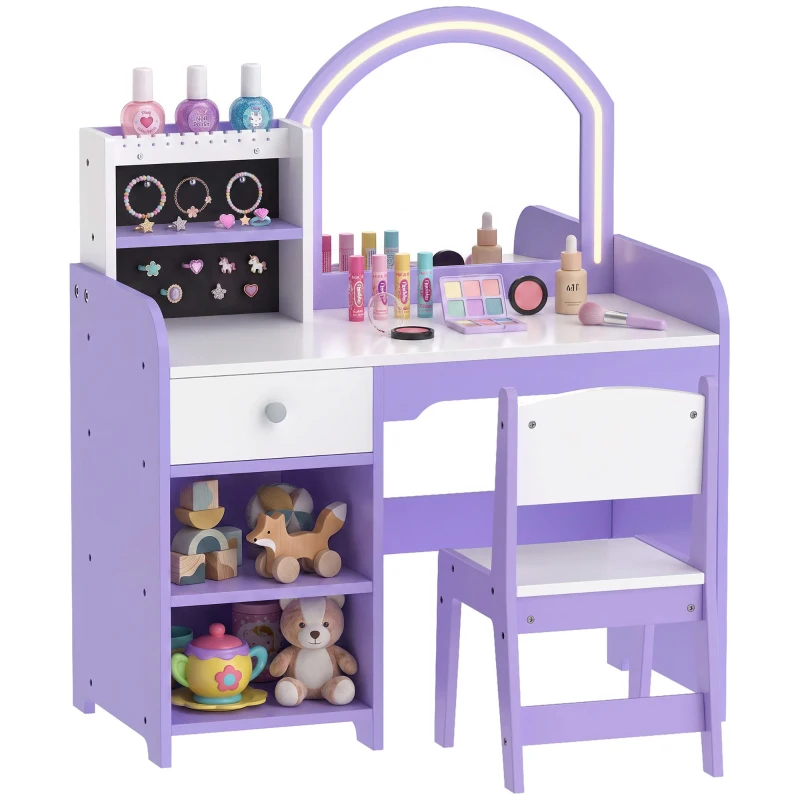 AIYAPLAY Kids Vanity Set, Girls Dressing Table with Stool, 2-Colour Lights Mirror, Pretend Dresser Gift for Ages 3-8, Purple