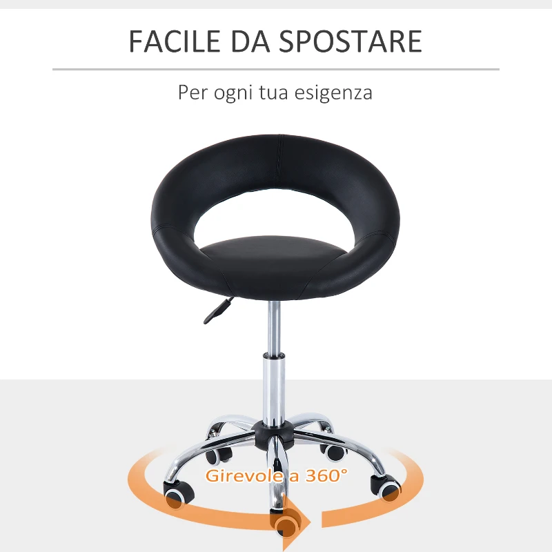 HOMCOM Sgabello da Lavoro Girevole Sgabello da Sala Salone Moderno Altezza Regolabile finta pelle 50 × 54 × 66-78cm Nero