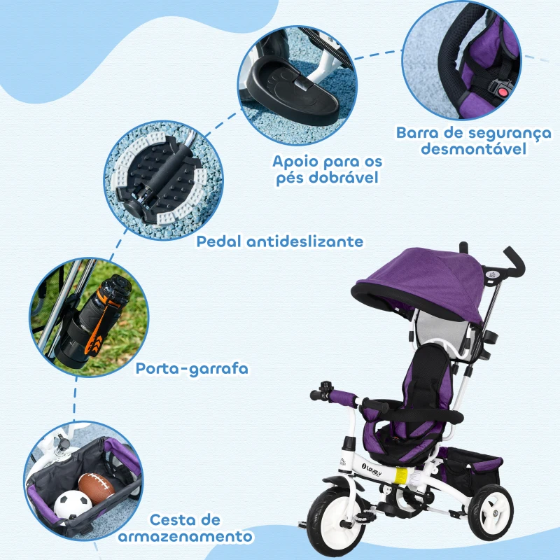 HOMCOM Triciclo Evolutivo para Bebés de +12 Meses 2 em 1 com Toldo Dobrável Guiador Cinto de Segurança e Cesto 95x50x106 cm Roxo