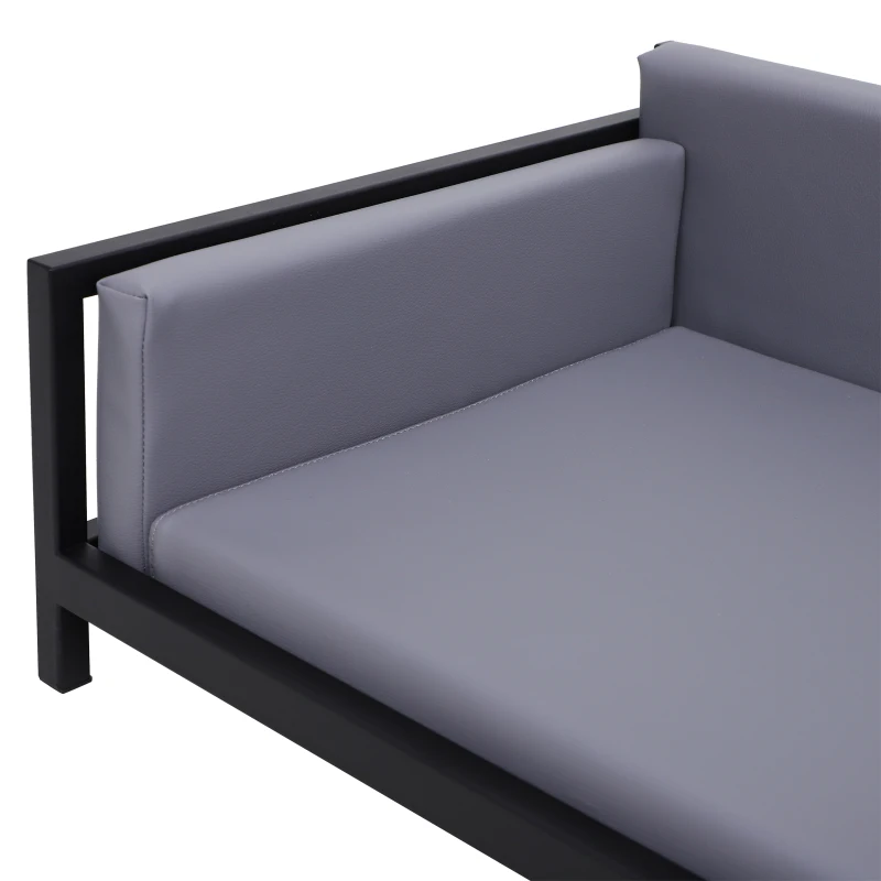 PawHut Deluxe PU Pet Sofa Couch Soft Dog Puppy Cat Sleep Bed Metal Frame Grey 64L x 52W x 27.5H cm