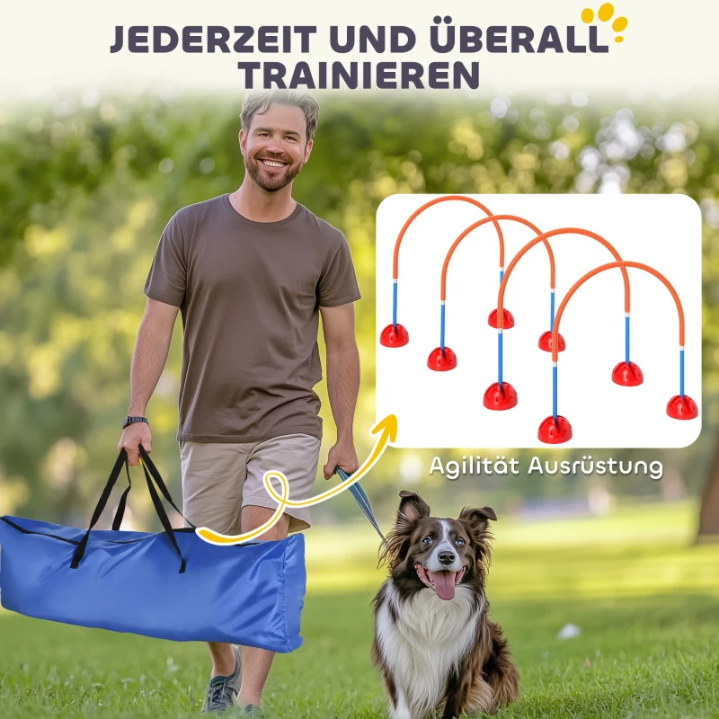 PawHut 5-Delig Honden-Agility-Trainingsapparaat met 4 In Breedte Verstelbare Deuren, Draagtas, Voor Tuin, Blauw