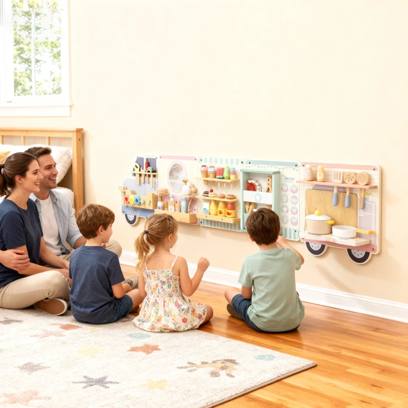 AIYAPLAY Wooden Busy Board, 5 in 1 Activity Wall Panels for Kids 3+ Years, for Daycare, Playroom, Home