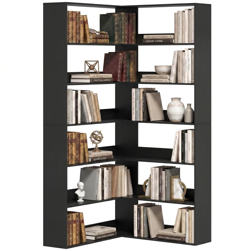 HOMCOM 7 Tiers Bookshelf, L-Shaped Corner Bookcase with Anti-Slip Rear Guard, Black Wood Effect