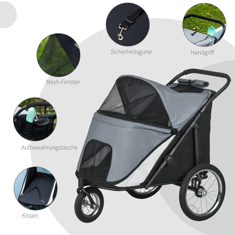 PawHut Hondenbuggy, opvouwbaar, opklapbaar, ligkussen, stalen frame, grijs/zwart(m-6)